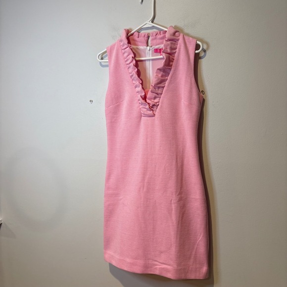 Lilly Pulitzer Tisbury Sleevless Pink Seersucker V-Neck Ruffle Dress Size S - Picture 3 of 9